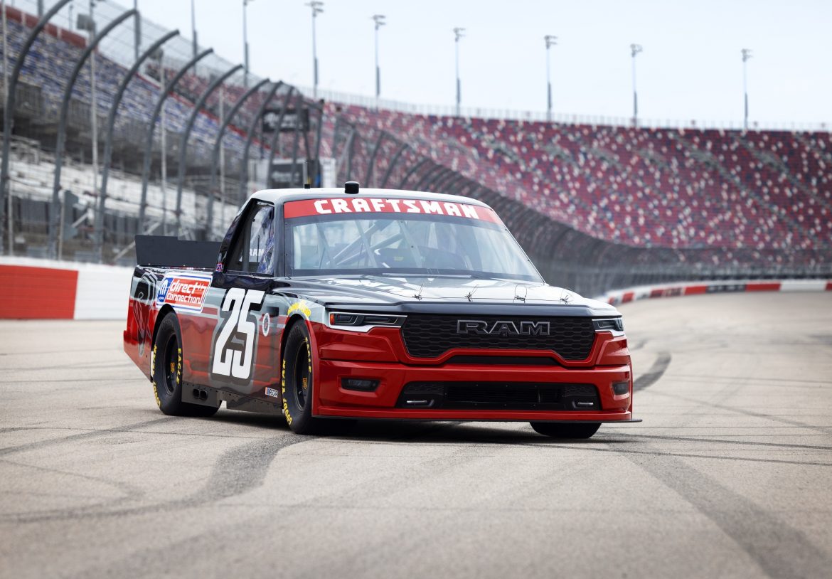 Ram 1500 NASCAR Truck Series concept front ¾ on track