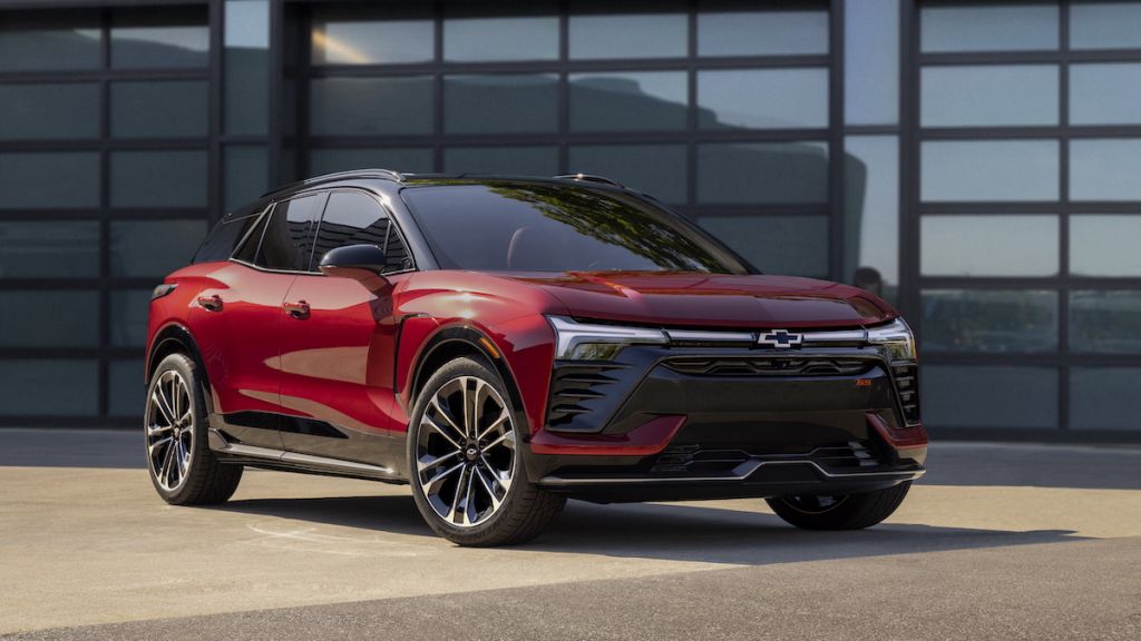 Three-quarter view of 2024 Chevrolet Blazer EV SS in Radiant Red Tintcoat. Preproduction model shown. Actual production model may vary. 2024 Chevrolet Blazer EV available Spring 2023.